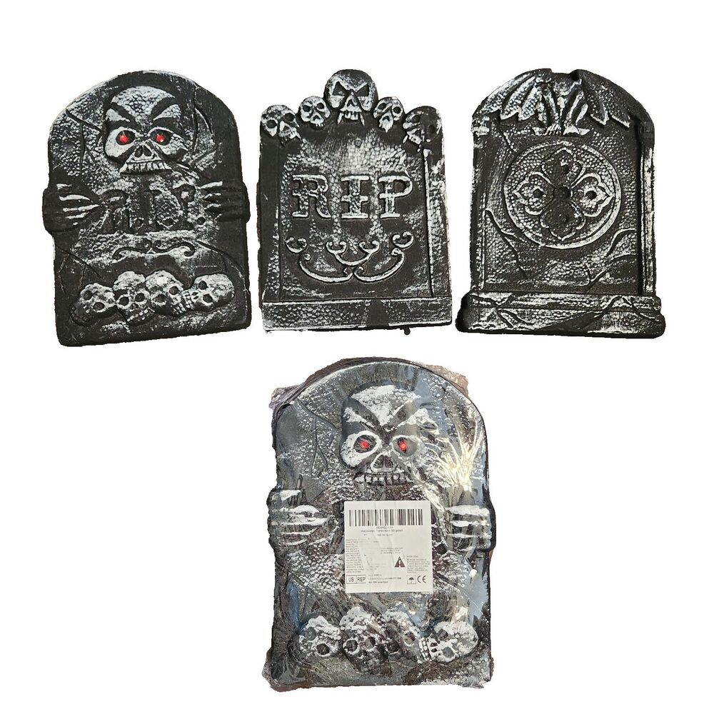 6 Pc Halloween Foam 14" Tall Graveyard Skull RIP Tombstones & Fairy Lights New